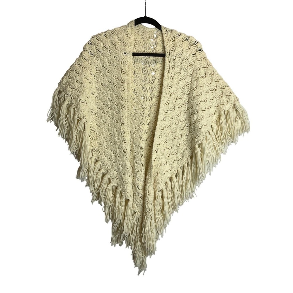 Handmade Crochet Poncho Tassel Fringe Wrap Shawl Festival Boho Cottagecore Retro